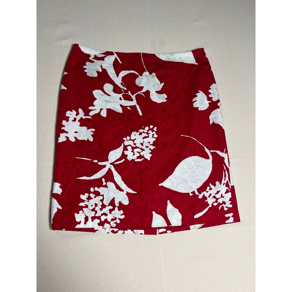 Talbots Red with White Floral Textured Straight Pencil Knee Length Skirt SZ 12